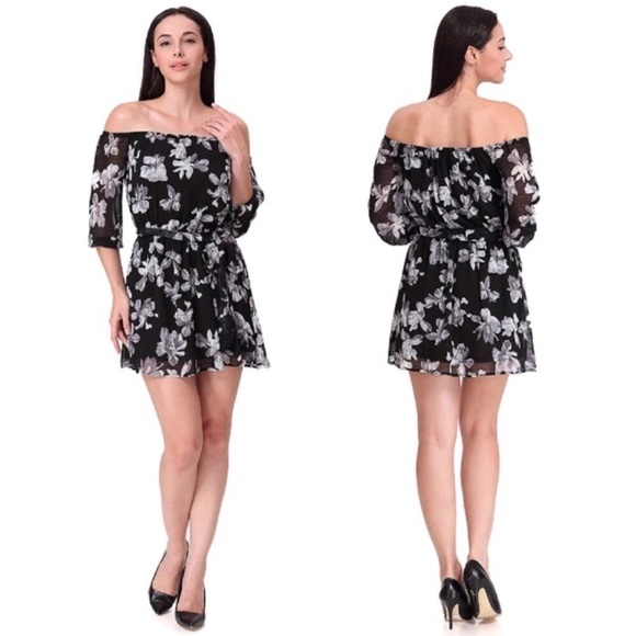 Off Shoulder Black Floral Tie Waist Half Sleeve Mini Dress - Picture 2 of 2
